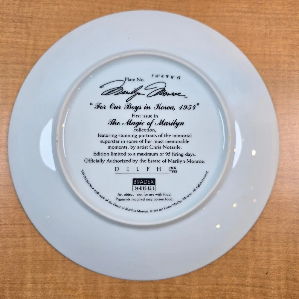 Marilyn Monroe Delphi #15698A For Our Boys in Korea, 1954 and Cert Collect Plate